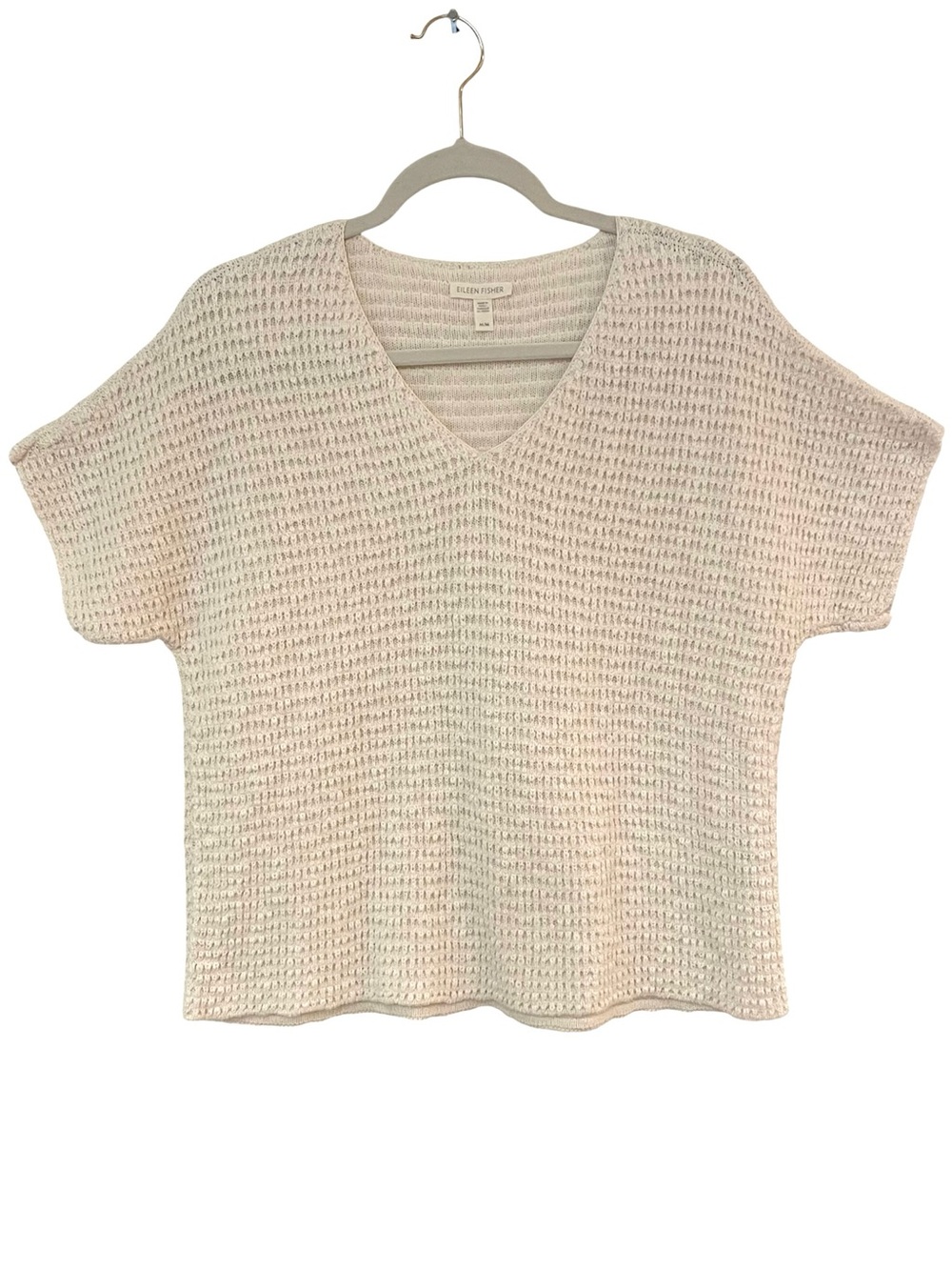 Eileen Fisher Organic Cotton Short Sleeve Knit Top M Cream V-Neck Boxy Relaxed